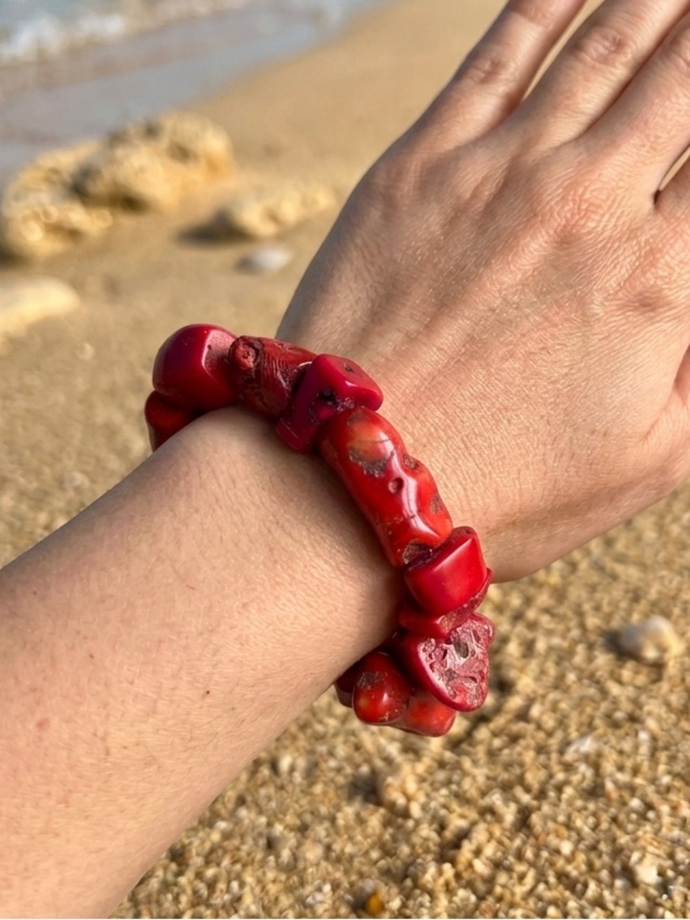 Chunky Red Coral Nugget Stretch Bracelet Size 6